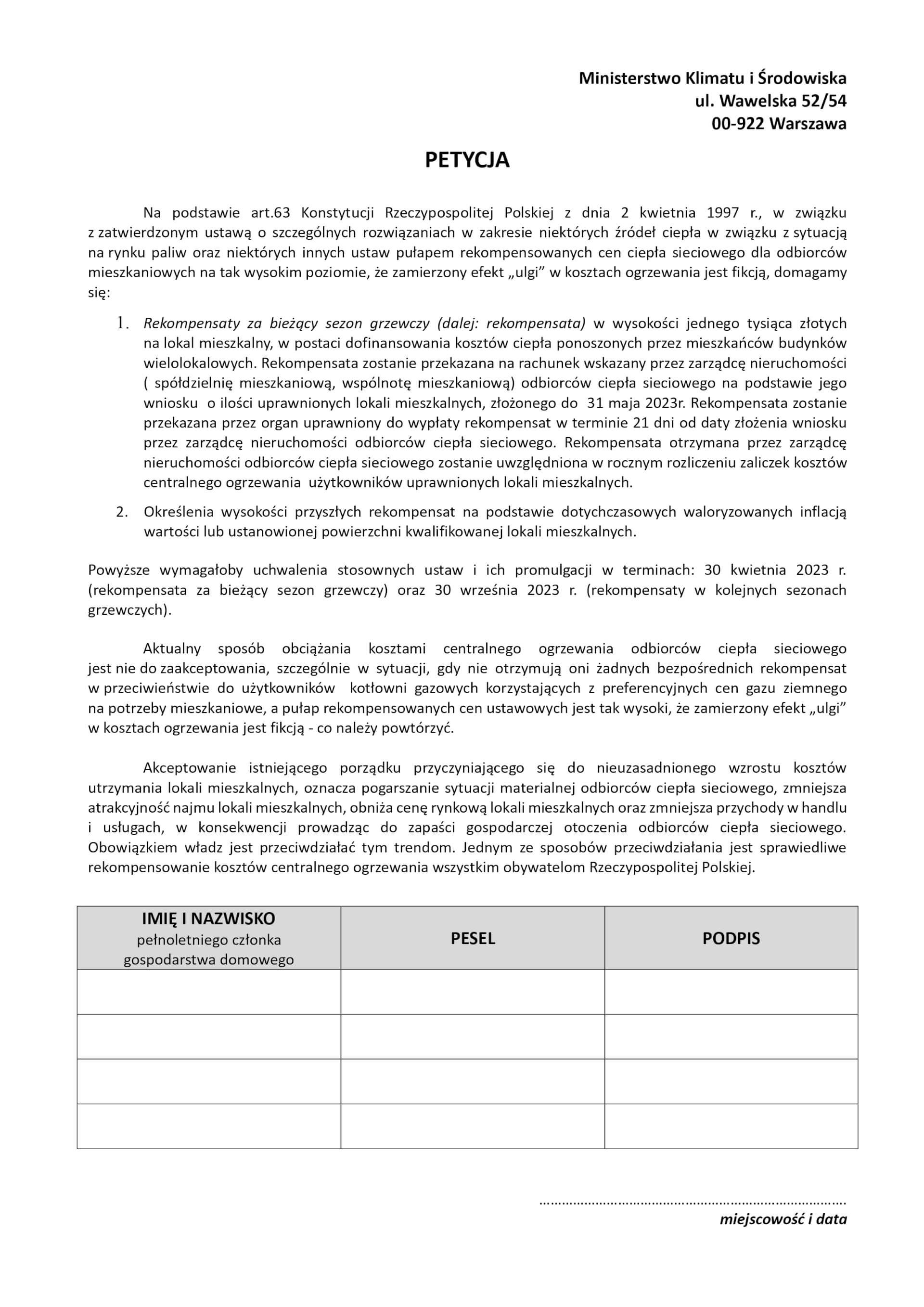 Petycja do Ministerstwa Klimatu i Środowiska