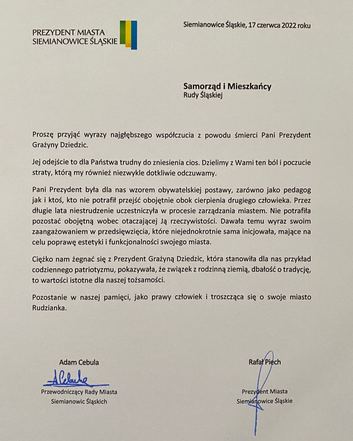 List z kondolencjami od prezydenta Siemianowic Śląskich