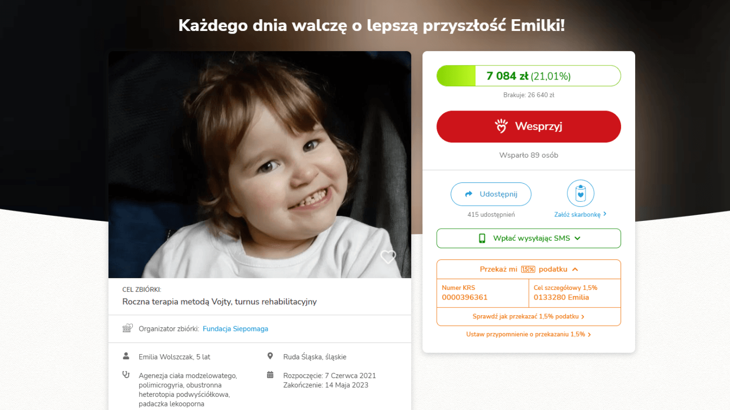 Emilka z Rudy Śląskiej potrzebuje pomocy