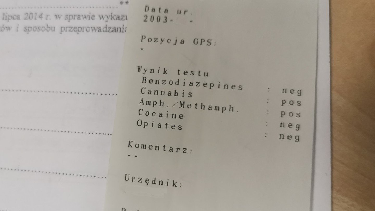 Test wykazał, że 19-latek był pod wpływem amfetaminy i marihuany